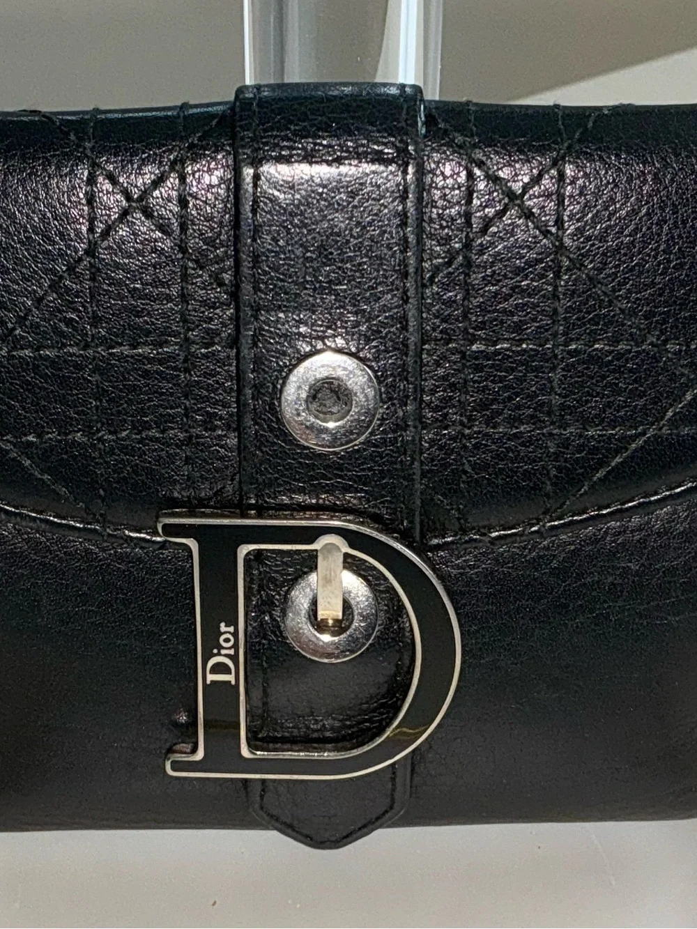 Vintage Christian Dior Black Leather Saddle Wallet D Turn Lock Full Set Box Dust